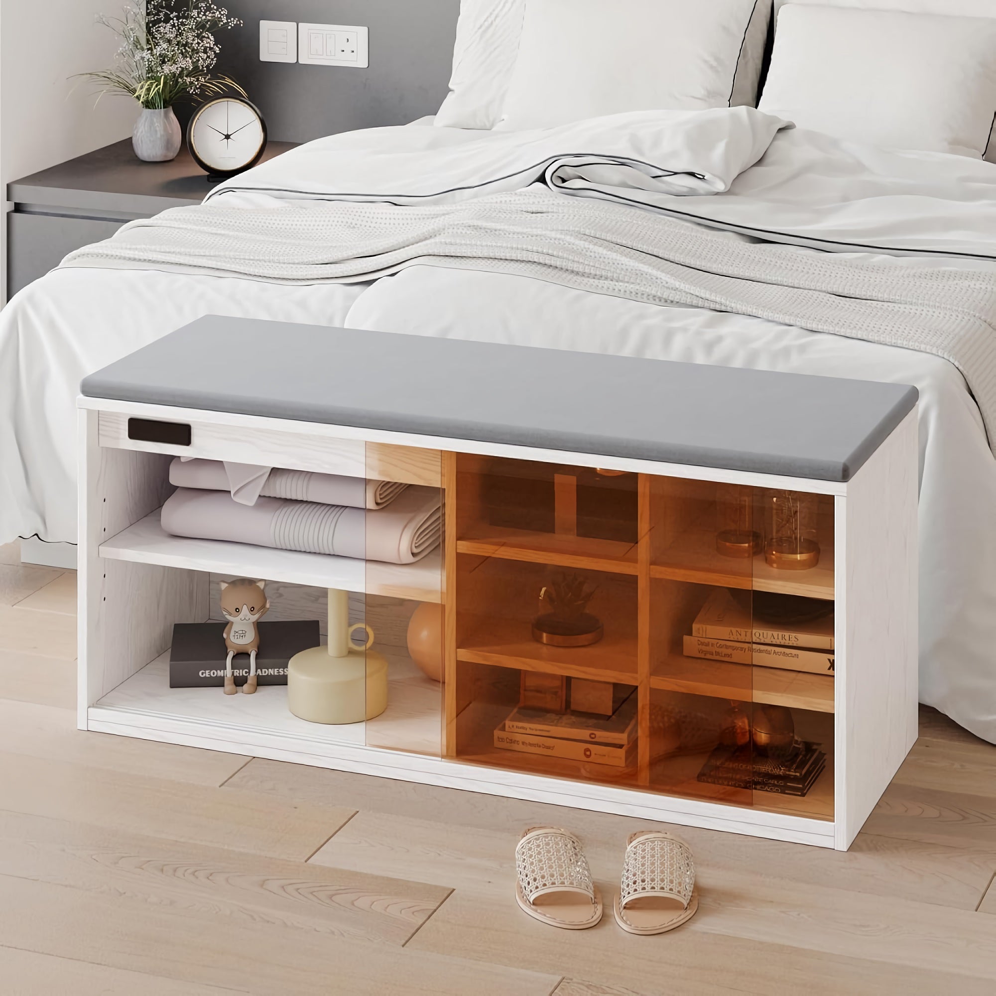 Shoe Storage Bench, 6 Storage Entryway Cabinet with Teal Glass Door, Adjustable Shelves, Deodorization & Negative-Ion Technology for Home, Entryway, Living Room (White) - YJ-HXG-001