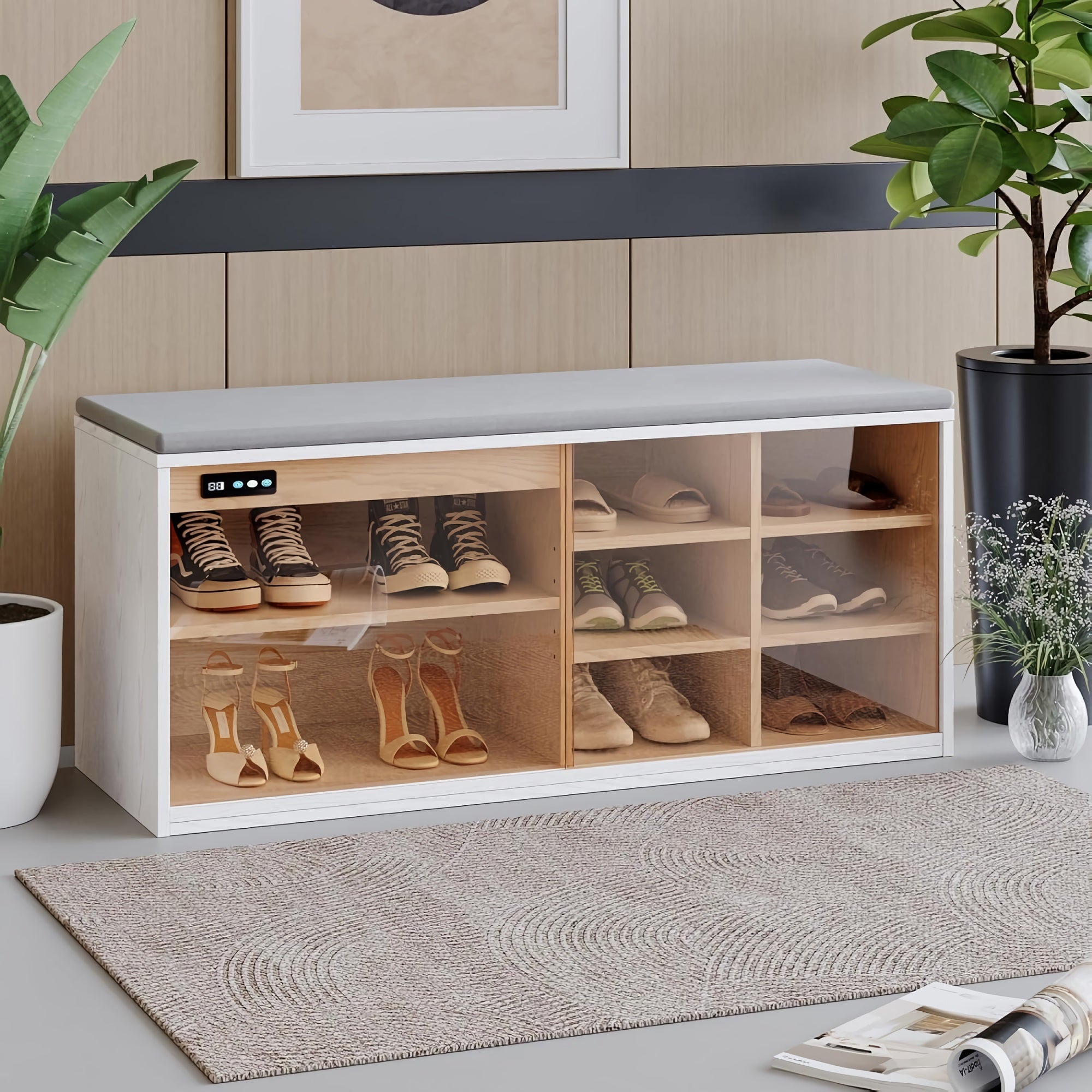 Shoe Storage Bench, 6 Storage Entryway Cabinet with Teal Glass Door, Adjustable Shelves, Deodorization & Negative-Ion Technology for Home, Entryway, Living Room (White) - YJ-HXG-001