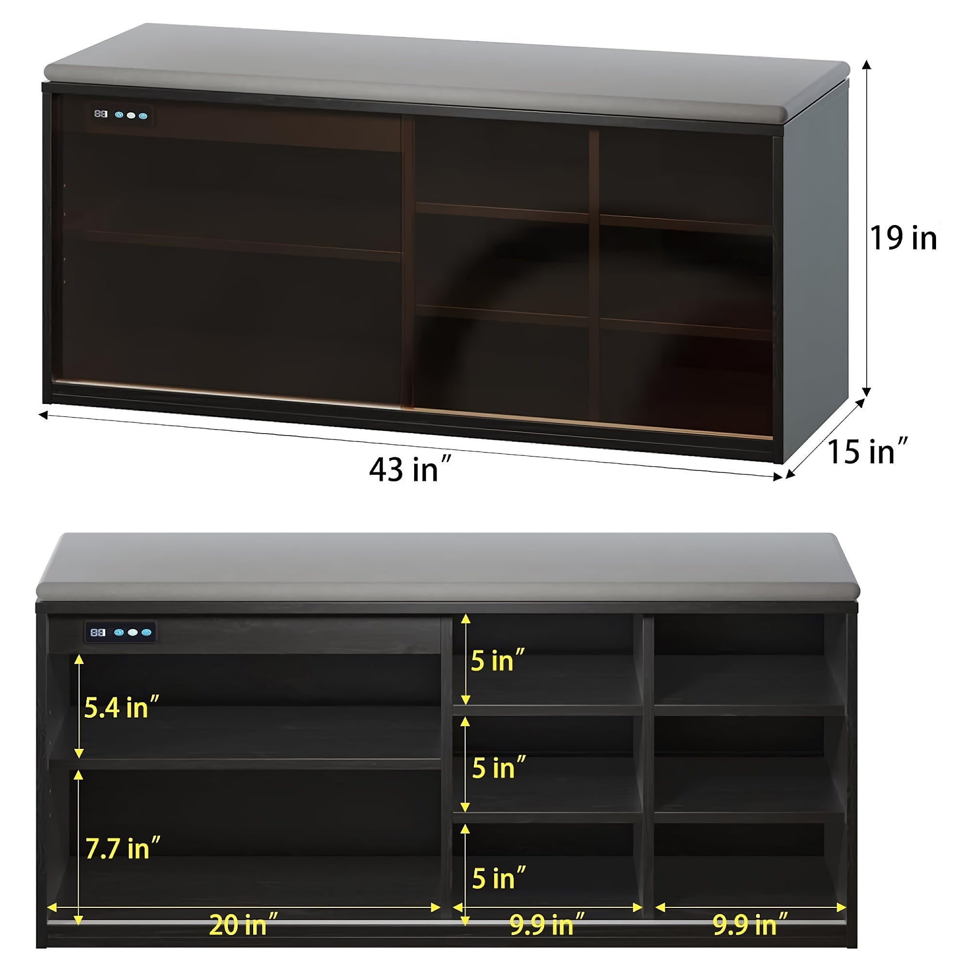Shoe Storage Bench, 6 Storage Entryway Cabinet with Teal Glass Door, Adjustable Shelves, Deodorization & Negative-Ion Technology for Home, Entryway, Living Room (Black) - YJ-HXG-002