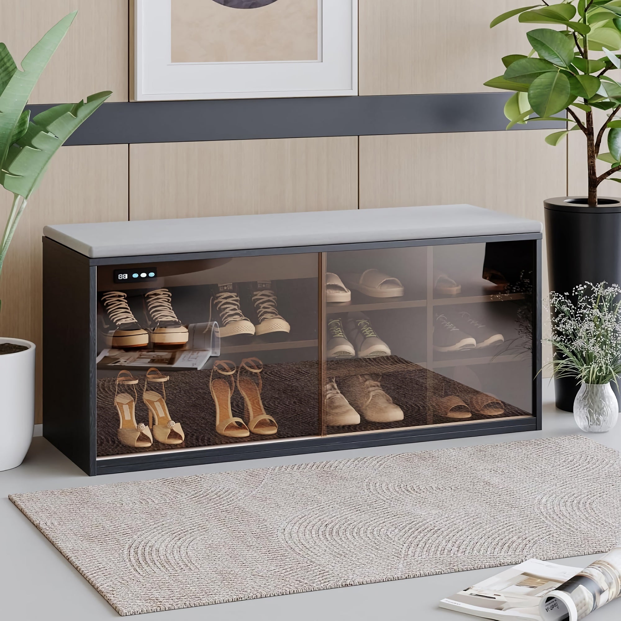 Shoe Storage Bench, 6 Storage Entryway Cabinet with Teal Glass Door, Adjustable Shelves, Deodorization & Negative-Ion Technology for Home, Entryway, Living Room (Black) - YJ-HXG-002