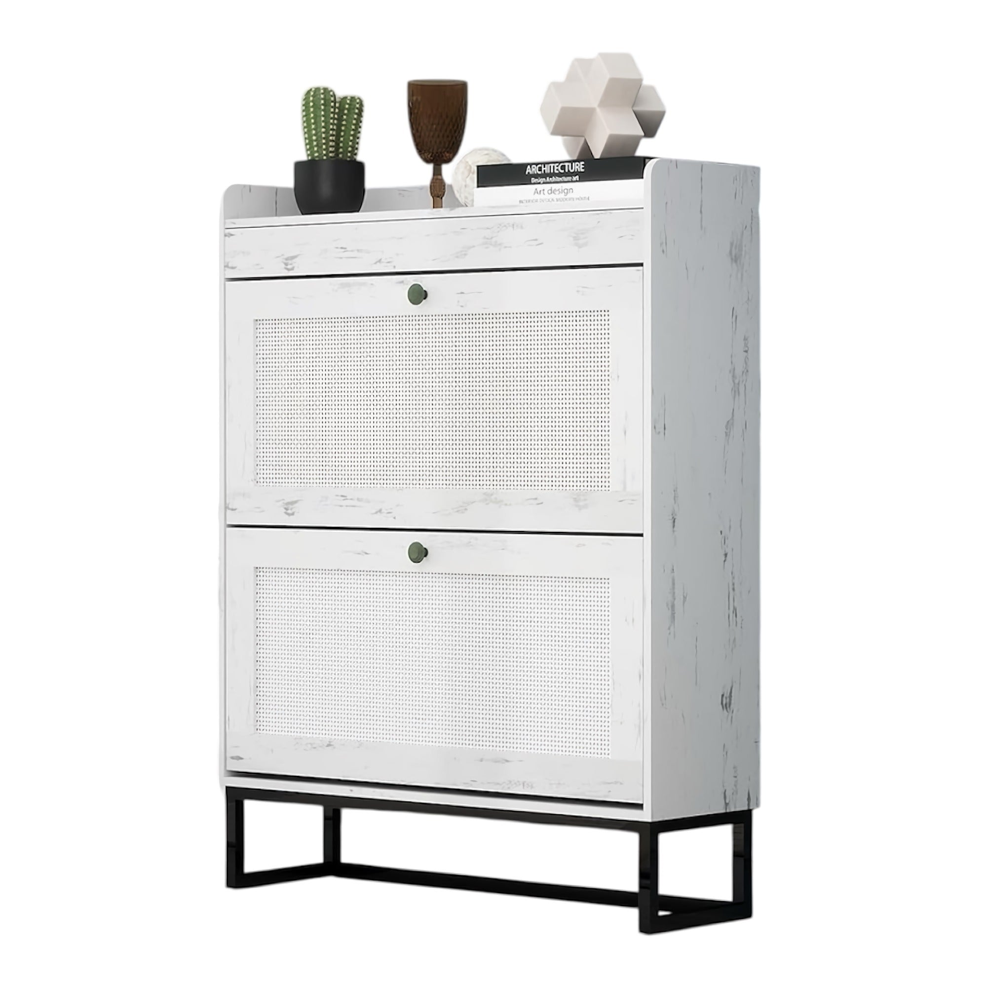 Shoe Storage Cabinet with 2 Flip Drawers, Storage Organizer with Rattan Doors, Metal Legs for Home, Entryway (White)- SWSC10
