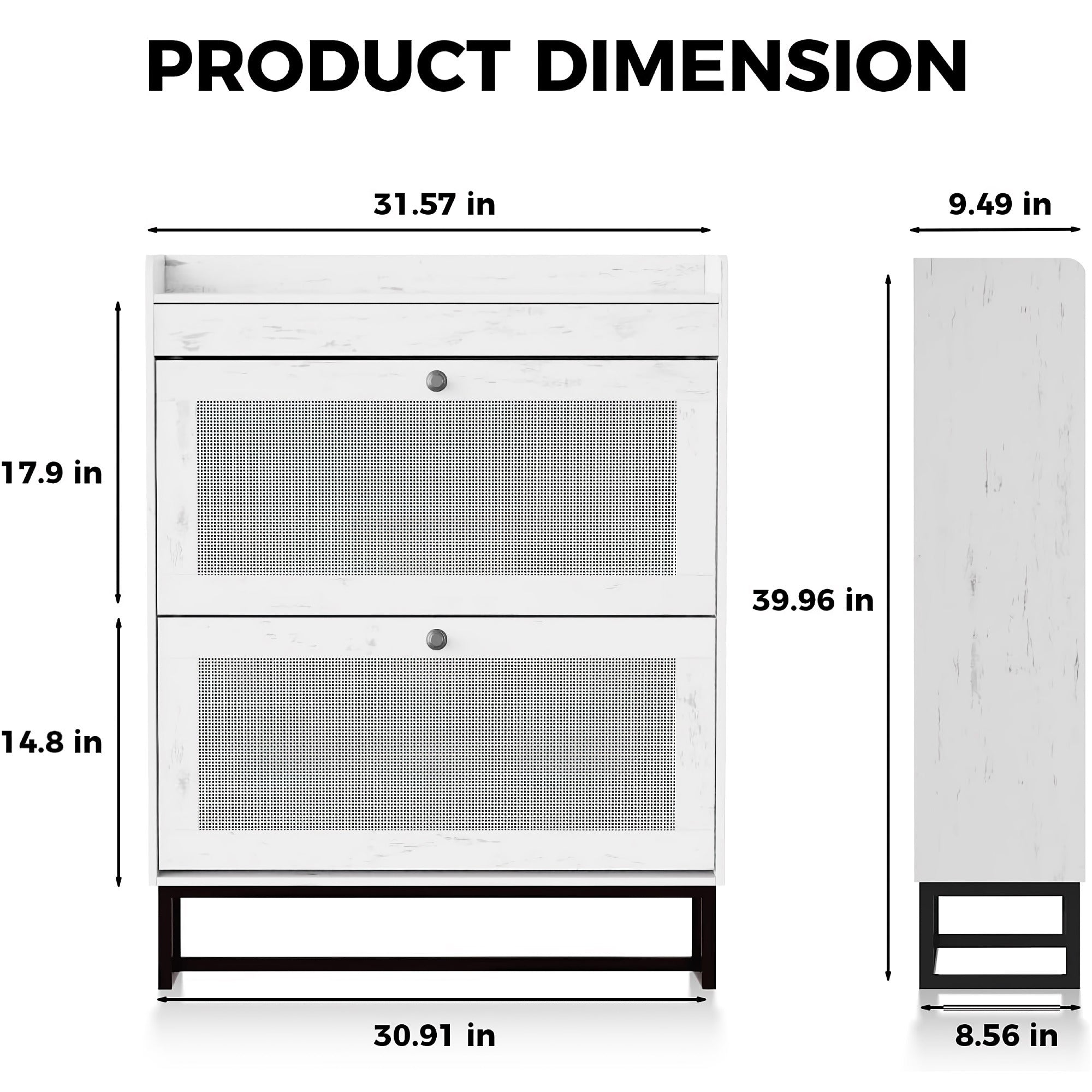 Shoe Storage Cabinet with 2 Flip Drawers, Storage Organizer with Rattan Doors, Metal Legs for Home, Entryway (White)- SWSC10