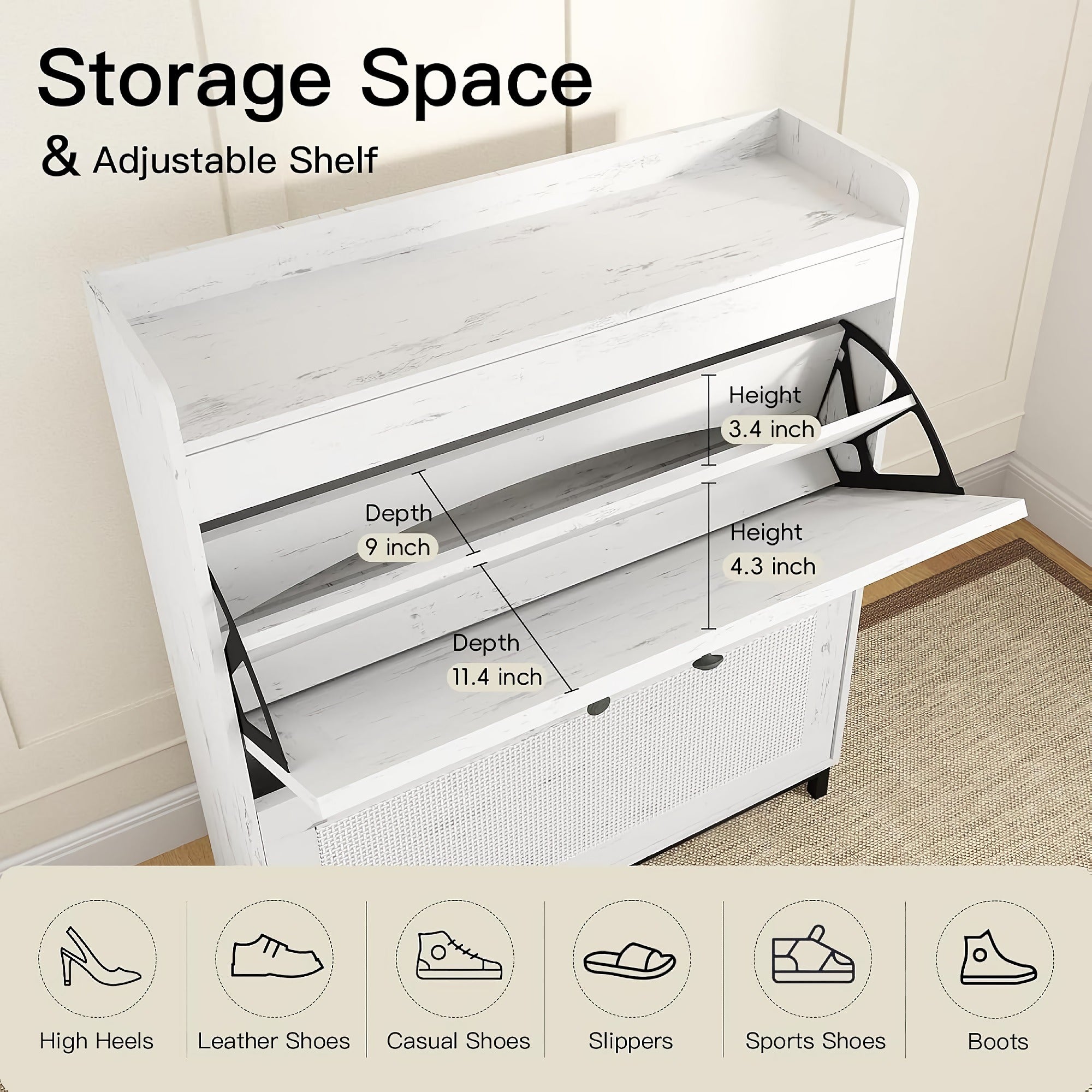 Shoe Storage Cabinet with 2 Flip Drawers, Storage Organizer with Rattan Doors, Metal Legs for Home, Entryway (White)- SWSC10