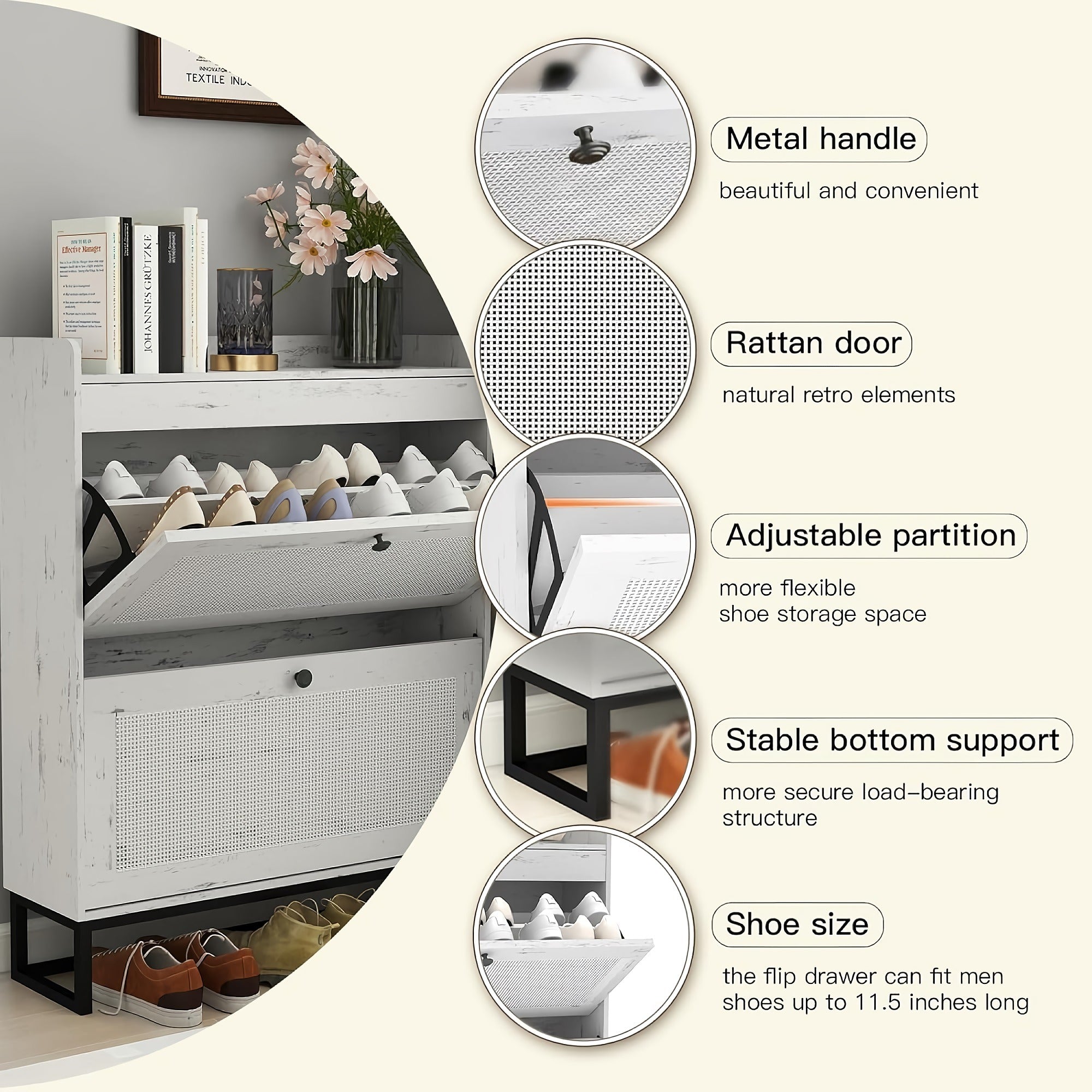 Shoe Storage Cabinet with 2 Flip Drawers, Storage Organizer with Rattan Doors, Metal Legs for Home, Entryway (White)- SWSC10