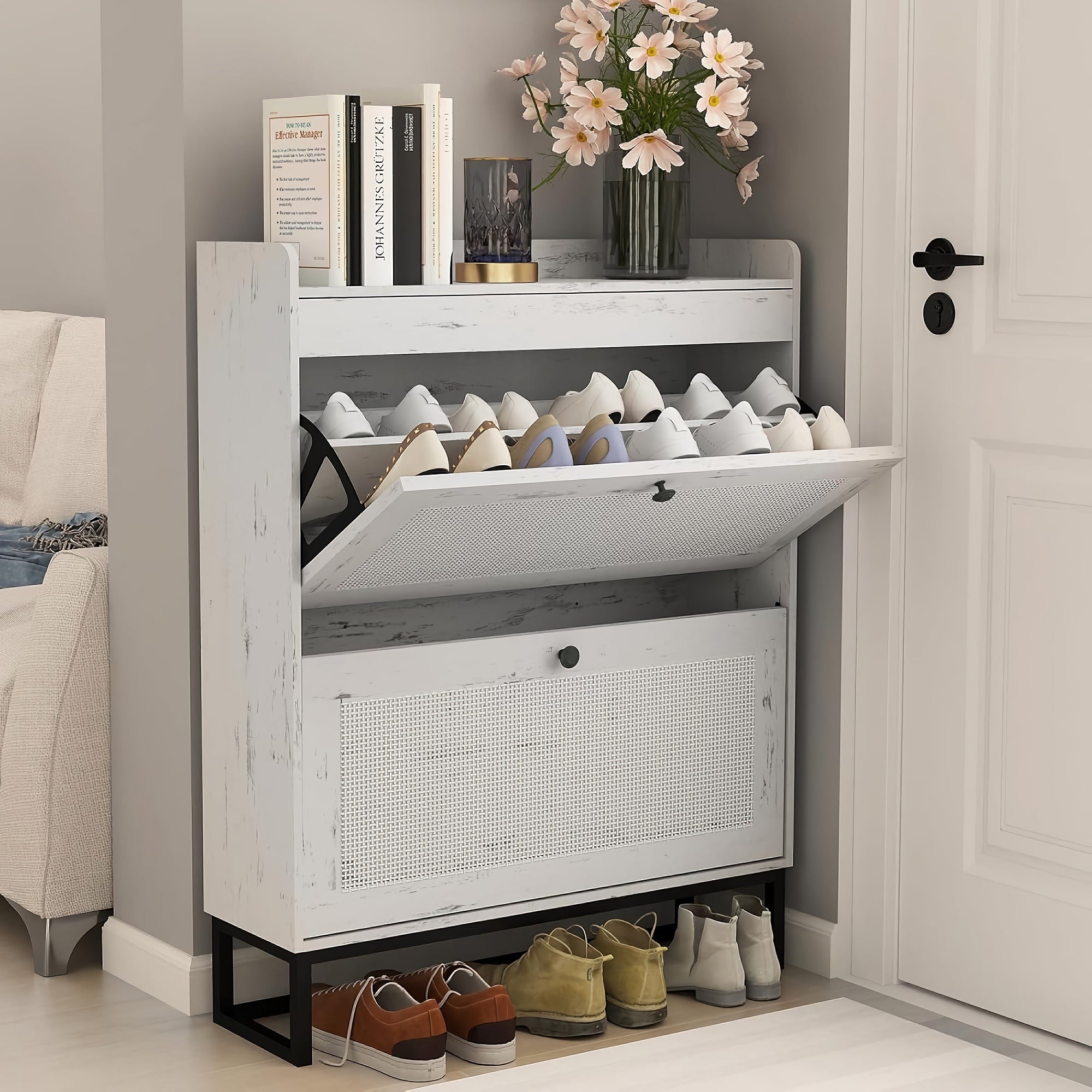 Shoe Storage Cabinet with 2 Flip Drawers, Storage Organizer with Rattan Doors, Metal Legs for Home, Entryway (White)- SWSC10