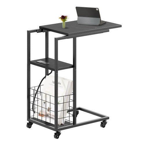 ODIKA Side Table, Under Seating Table with Rolling Wheels, Integrated Power, Adjustable C-Shaped End Table for Home, Living Room, Bedroom