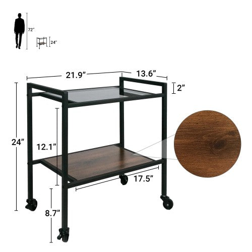 ODIKA 2-Tier Side Table, Rolling End Table with Glass Top, Rolling Wheels for Home, Living Room, Bedroom