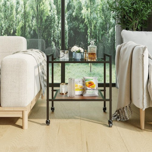 ODIKA 2-Tier Side Table, Rolling End Table with Glass Top, Rolling Wheels for Home, Living Room, Bedroom
