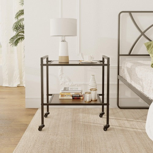 ODIKA 2-Tier Side Table, Rolling End Table with Glass Top, Rolling Wheels for Home, Living Room, Bedroom