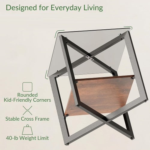 ODIKA 2-Tier Side Table, Glass Top End Table Nightstand for Home, Living Room, Bedroom