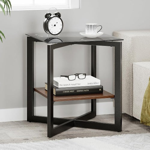 ODIKA 2-Tier Side Table, Glass Top End Table Nightstand for Home, Living Room, Bedroom