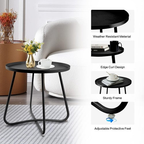 Outdoor Side Table, Round Modern Metal Side Table End Table with Raised Edge for Home, Garden, Balcony, Yard (Black)