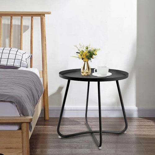 Outdoor Side Table, Round Modern Metal Side Table End Table with Raised Edge for Home, Garden, Balcony, Yard (Black)