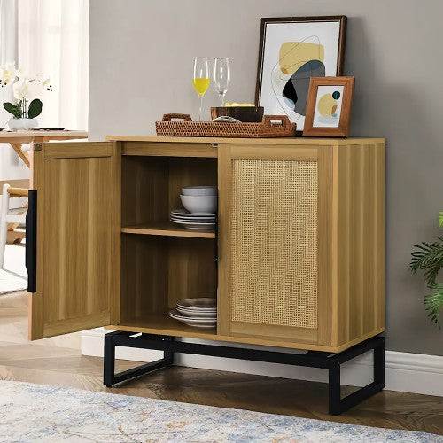 31.5 inch Sideboard Buffet Cabinet, Accent Storage Cabinet with Rattan Doors, Adjustable Shelf, Steel Legs for Home, Dining Room, Living Room (Brown)