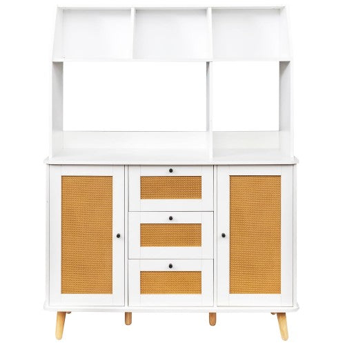 Sideboard Cabinet, Buffet Cabinet with Rattan Doors, 3 Drawers, Open Shelves for Home, Entryway, Dining Room