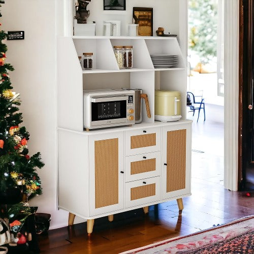 Sideboard Cabinet, Buffet Cabinet with Rattan Doors, 3 Drawers, Open Shelves for Home, Entryway, Dining Room