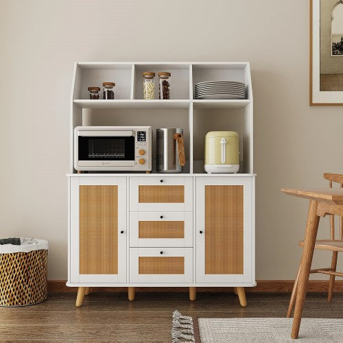 Sideboard Cabinet, Buffet Cabinet with Rattan Doors, 3 Drawers, Open Shelves for Home, Entryway, Dining Room