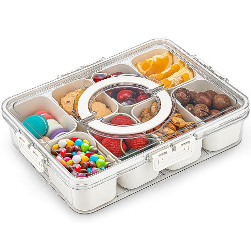 Snackle Box Container, 8 Compartment Divided Serving Tray with Lid and Handle for Food, Snacks, Nuts, Fruits, Picnic, Travel