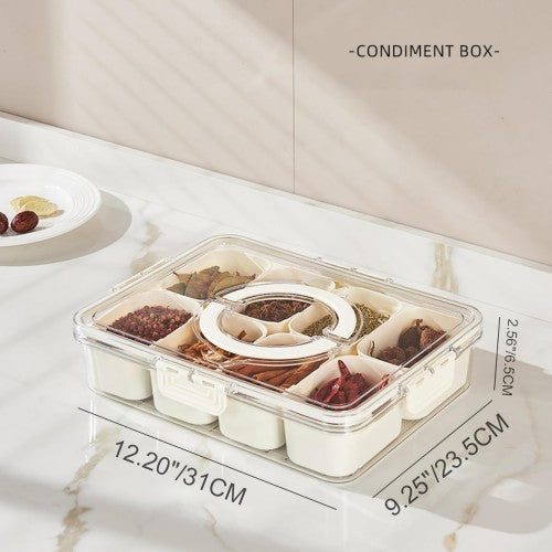 Snackle Box Container, 8 Compartment Divided Serving Tray with Lid and Handle for Food, Snacks, Nuts, Fruits, Picnic, Travel