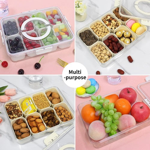 Snackle Box Container, 8 Compartment Divided Serving Tray with Lid and Handle for Food, Snacks, Nuts, Fruits, Picnic, Travel