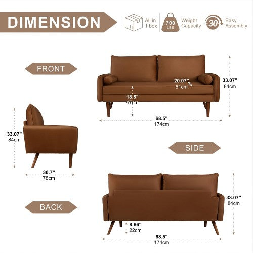 Velvet Sofa, 68 inch Mid Century Modern 3-Seater Sofa with 2 Pillows for Home, Office - MC9551