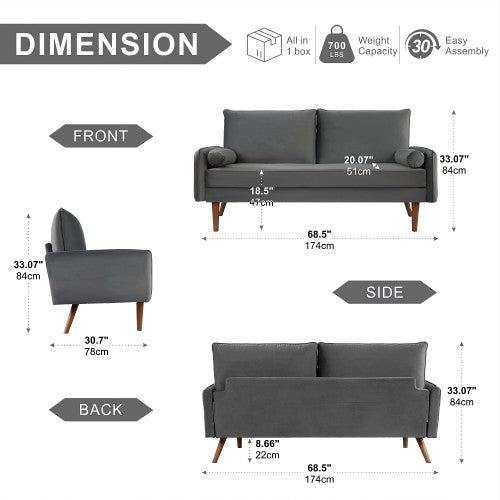 Velvet Sofa, 68 inch Mid Century Modern 3-Seater Sofa with 2 Pillows for Home, Office - MC9551