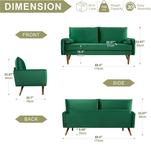 Velvet Sofa, 68 inch Mid Century Modern 3-Seater Sofa with 2 Pillows for Home, Office - MC9551