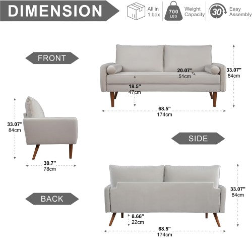 Velvet Sofa, 68 inch Mid Century Modern 3-Seater Sofa with 2 Pillows for Home, Office - MC9551
