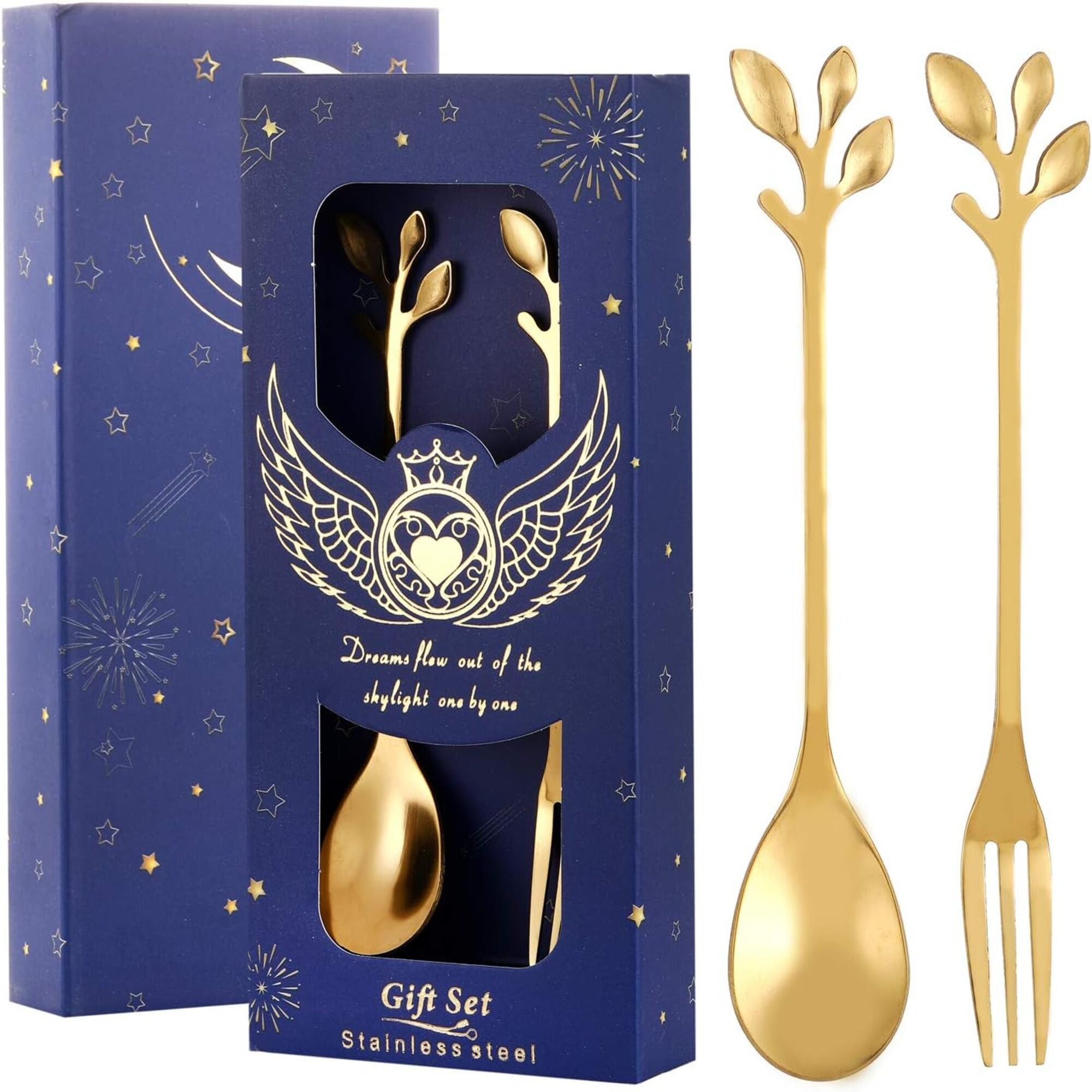 Gold Color Stainless Steel Spoon and Fork Set – Leaf Handle Coffee Spoon & Dessert Fork Gift Set, 2-Piece Premium Teaspoon Set for Coffee, Tea, Dessert, Ice Cream, Home & Café Use, Elegant Gift Box Included
