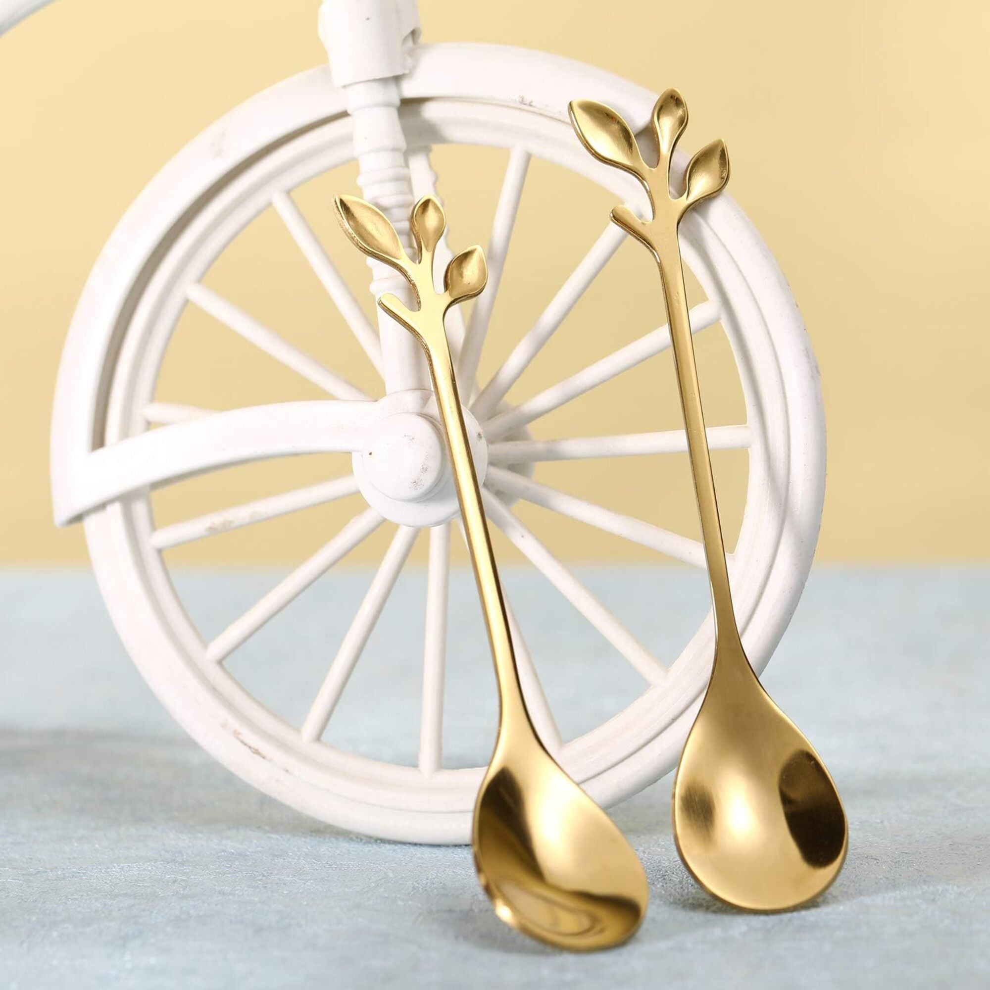 Gold Color Stainless Steel Spoon and Fork Set – Leaf Handle Coffee Spoon & Dessert Fork Gift Set, 2-Piece Premium Teaspoon Set for Coffee, Tea, Dessert, Ice Cream, Home & Café Use, Elegant Gift Box Included