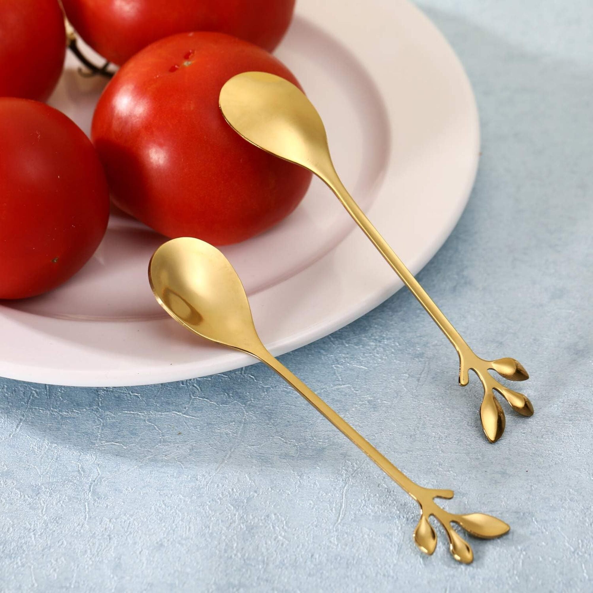 Gold Color Stainless Steel Spoon and Fork Set – Leaf Handle Coffee Spoon & Dessert Fork Gift Set, 2-Piece Premium Teaspoon Set for Coffee, Tea, Dessert, Ice Cream, Home & Café Use, Elegant Gift Box Included