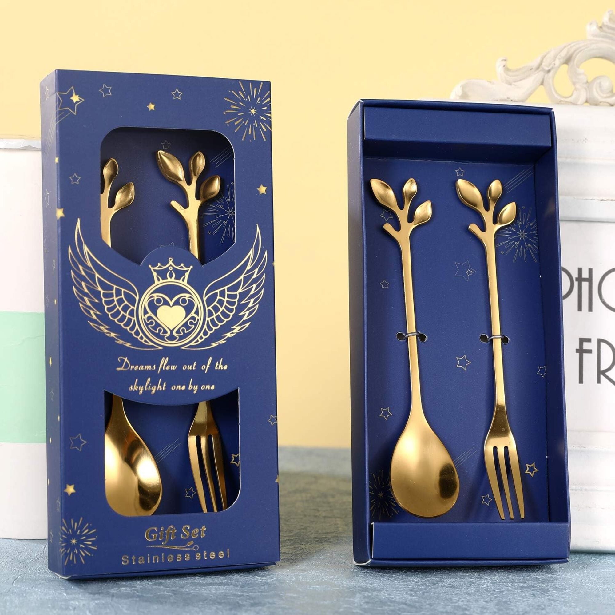 Gold Color Stainless Steel Spoon and Fork Set – Leaf Handle Coffee Spoon & Dessert Fork Gift Set, 2-Piece Premium Teaspoon Set for Coffee, Tea, Dessert, Ice Cream, Home & Café Use, Elegant Gift Box Included