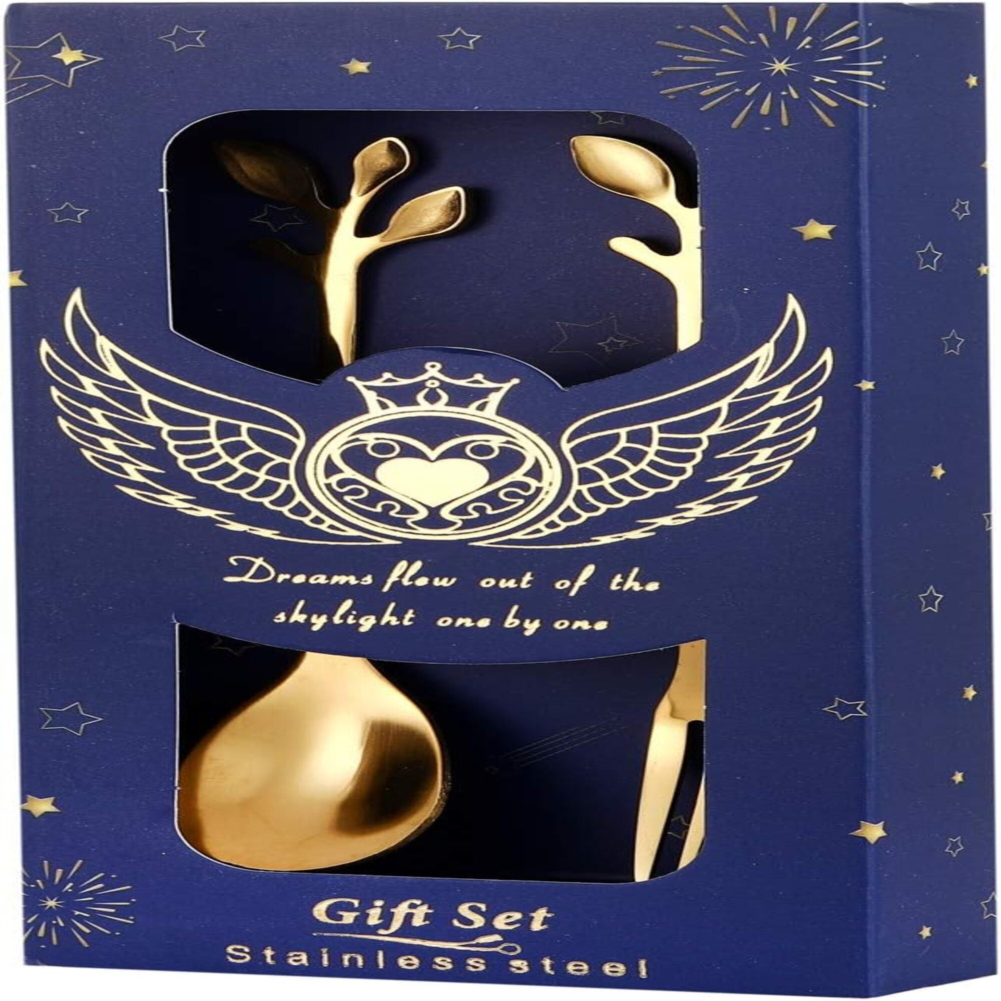 Gold Color Stainless Steel Spoon and Fork Set – Leaf Handle Coffee Spoon & Dessert Fork Gift Set, 2-Piece Premium Teaspoon Set for Coffee, Tea, Dessert, Ice Cream, Home & Café Use, Elegant Gift Box Included