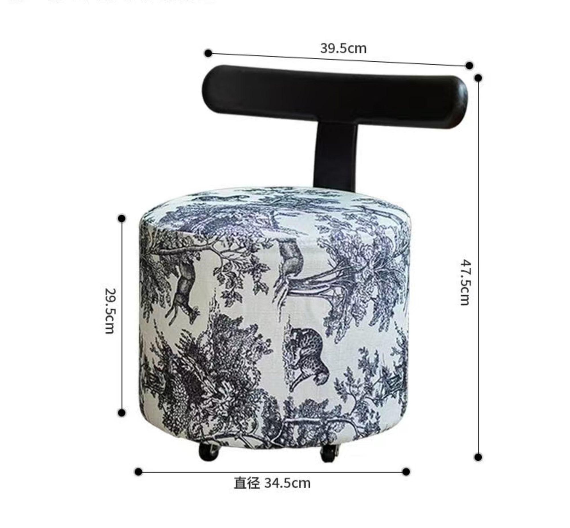 Modern Round Upholstered Vanity Stool with T-Shape Backrest, Vintage Animal Print Fabric, and 360° Swivel Caster Wheels – Black & White