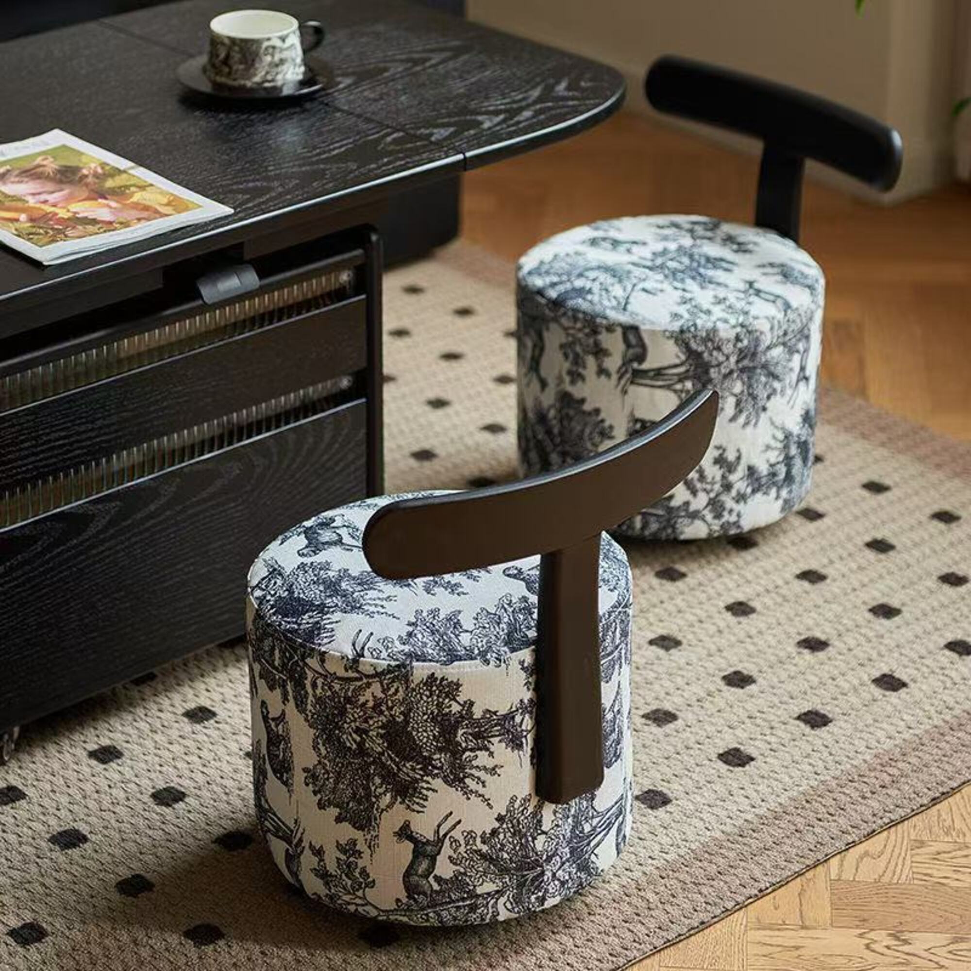 Modern Round Upholstered Vanity Stool with T-Shape Backrest, Vintage Animal Print Fabric, and 360° Swivel Caster Wheels – Black & White
