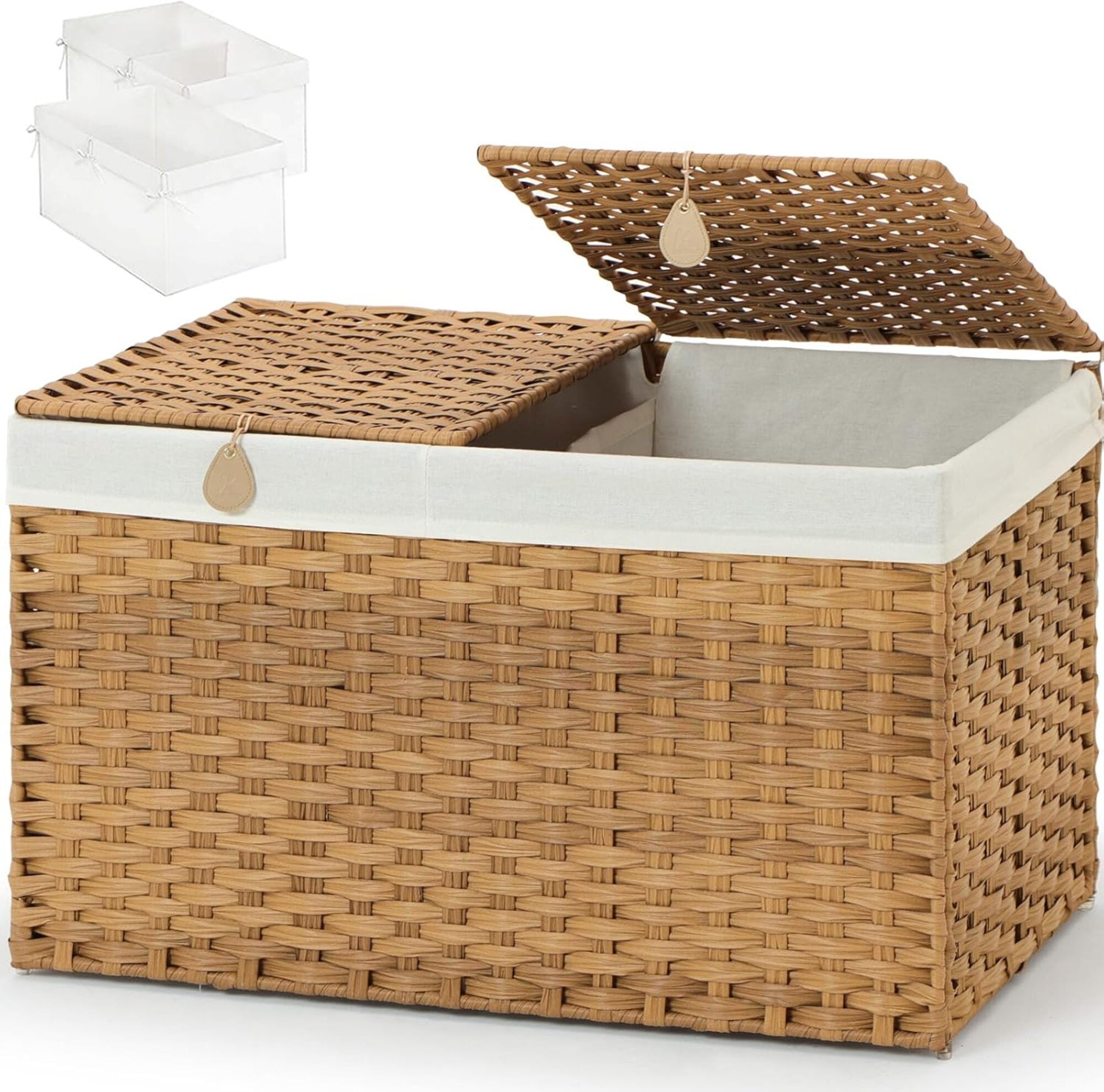 Woven Laundry Hamper with Lid, 105L Large Storage Basket with Removable Washable Liner, Dual Compartments for Clothes, Blankets, Toys & Bedding – Handwoven Rattan Style Organizer Box Model RXKE06-NLM