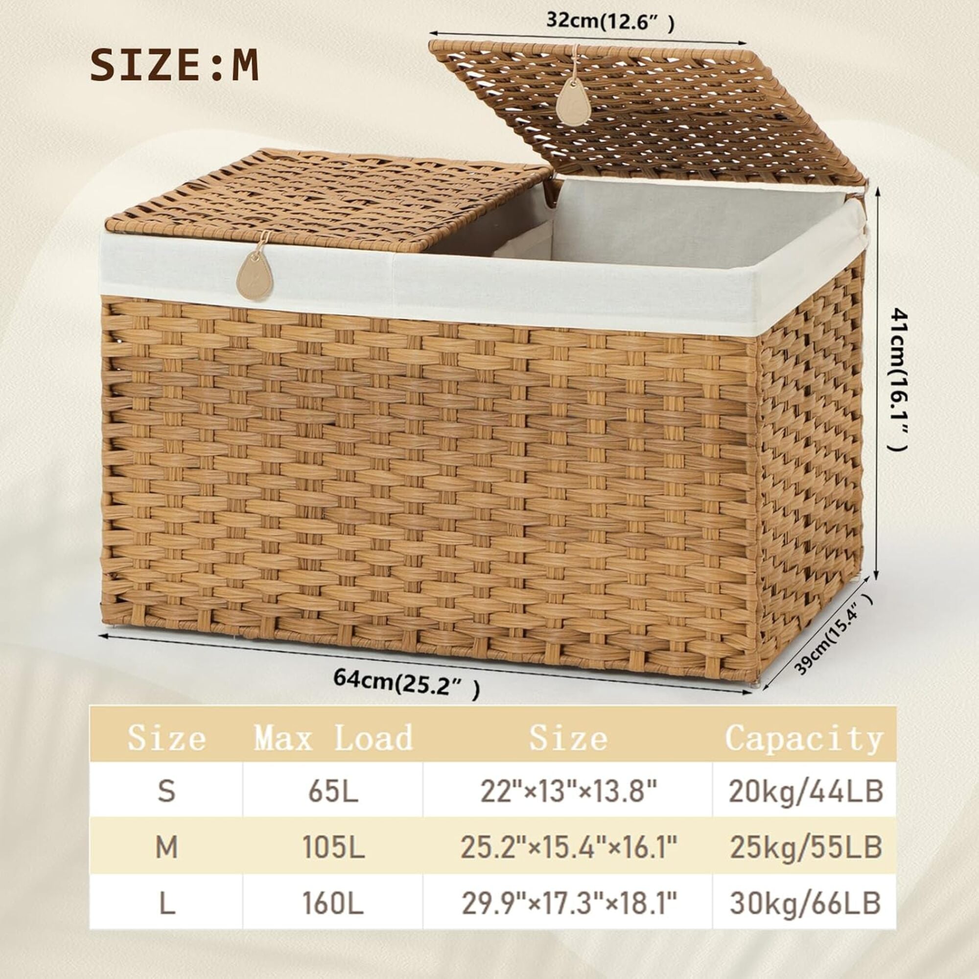 Woven Laundry Hamper with Lid, 105L Large Storage Basket with Removable Washable Liner, Dual Compartments for Clothes, Blankets, Toys & Bedding – Handwoven Rattan Style Organizer Box Model RXKE06-NLM
