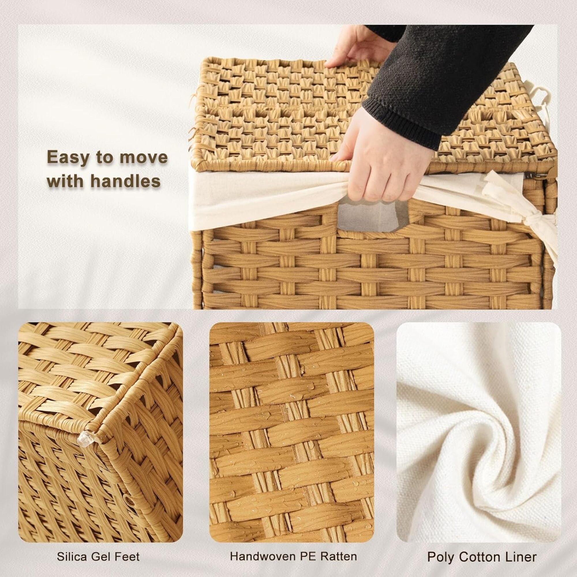 Woven Laundry Hamper with Lid, 105L Large Storage Basket with Removable Washable Liner, Dual Compartments for Clothes, Blankets, Toys & Bedding – Handwoven Rattan Style Organizer Box Model RXKE06-NLM