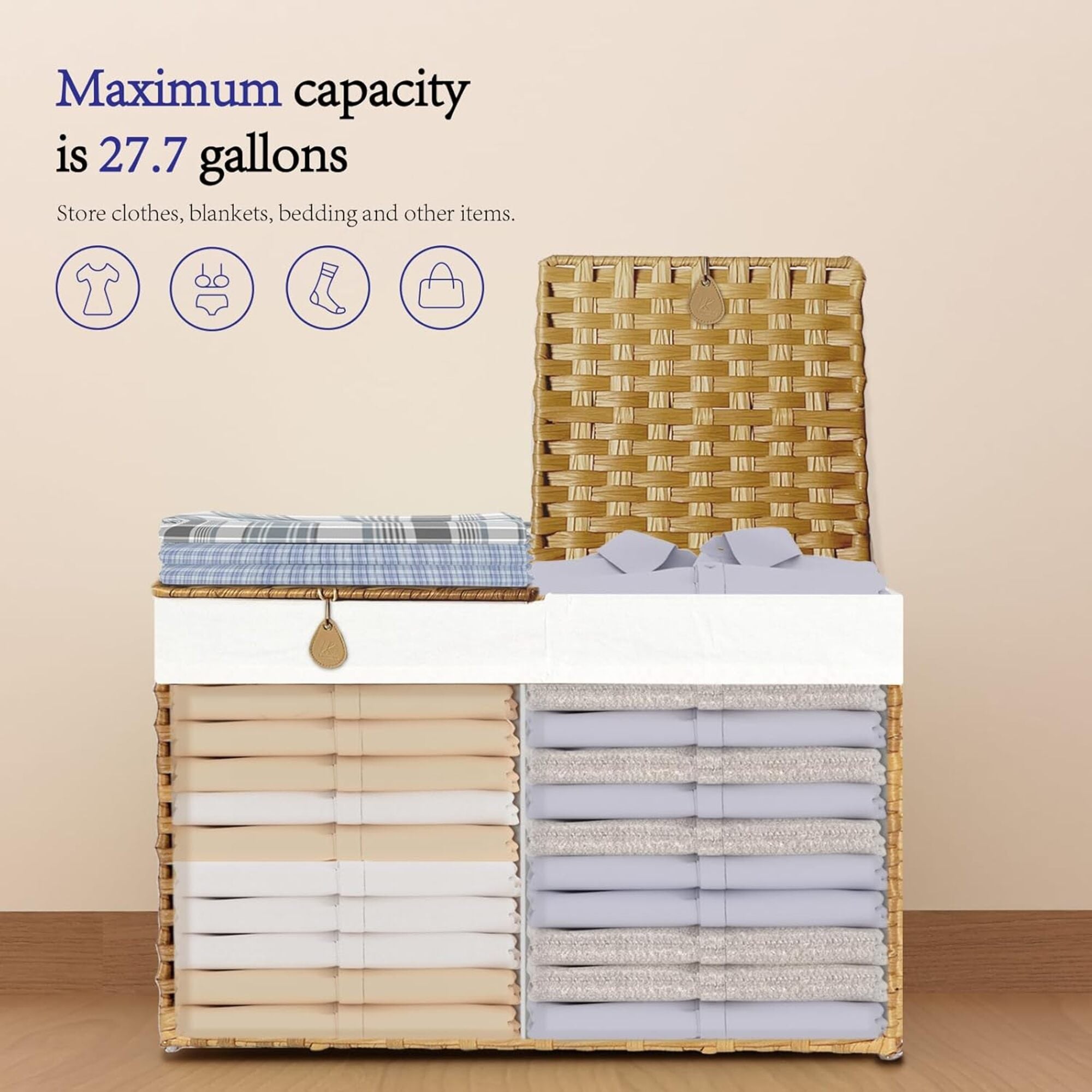 Woven Laundry Hamper with Lid, 105L Large Storage Basket with Removable Washable Liner, Dual Compartments for Clothes, Blankets, Toys & Bedding – Handwoven Rattan Style Organizer Box Model RXKE06-NLM