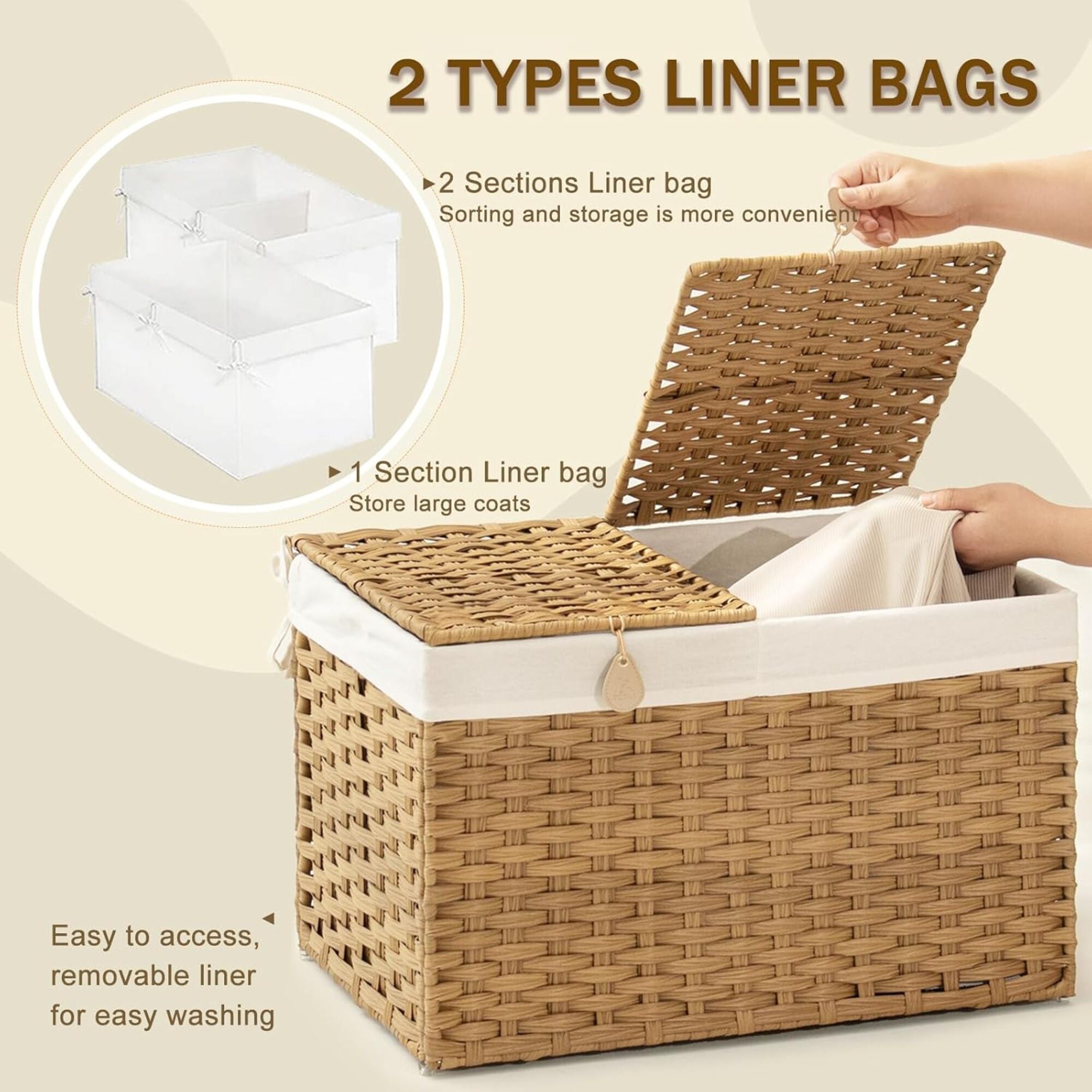 Woven Laundry Hamper with Lid, 105L Large Storage Basket with Removable Washable Liner, Dual Compartments for Clothes, Blankets, Toys & Bedding – Handwoven Rattan Style Organizer Box Model RXKE06-NLM