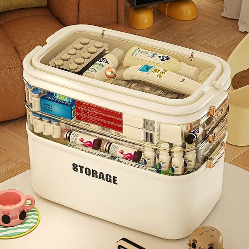 4-Layer Storage Box, Transparent Medicine Organizer Box with Side Locks for Medicine, Cosmetics, Jewelry, Tools