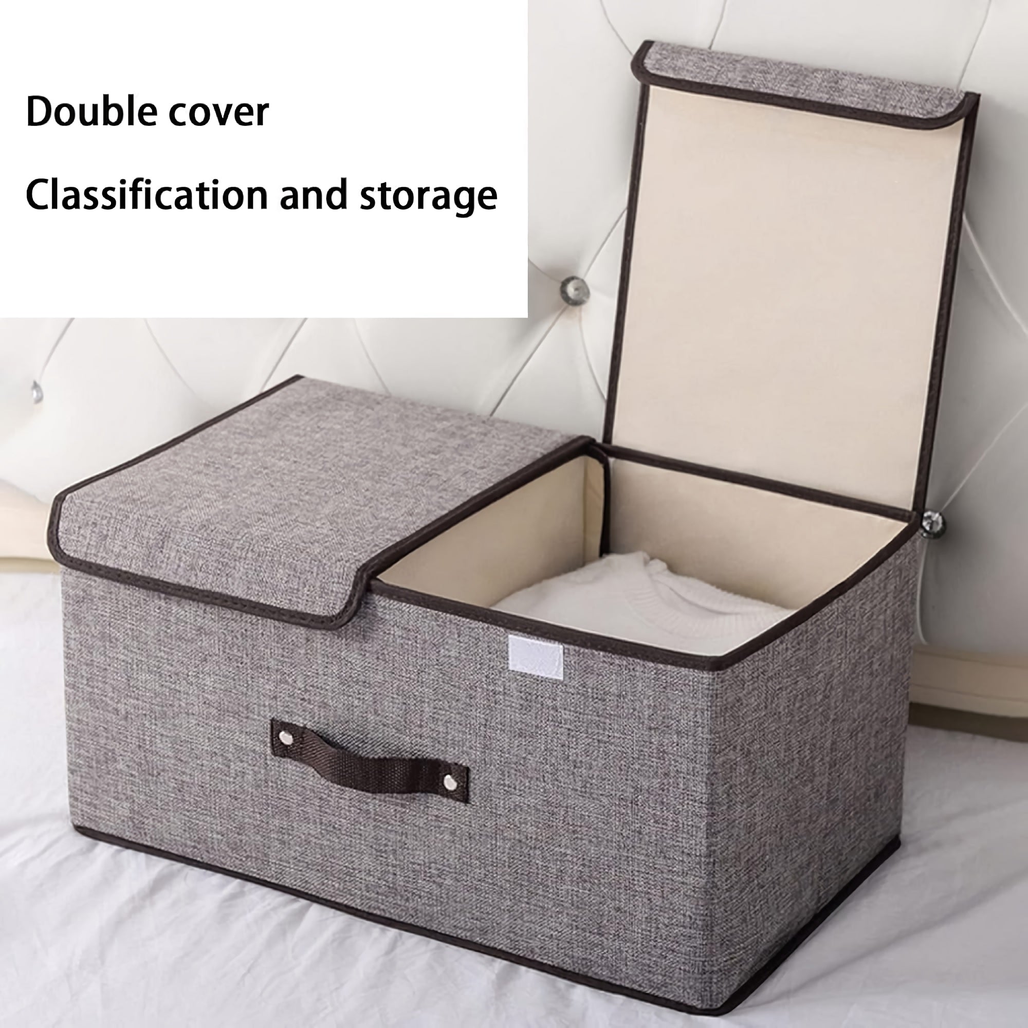 Foldable Linen Storage Box, 50 x 30 x 25 cm Double Lid Organizer Container for Home, Office, Clothes, Books, Toys (Beige) - HJ23055