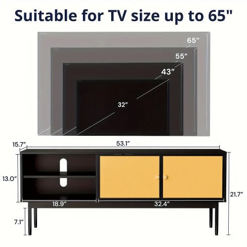 Rattan TV Cabinet, 135 x 40 cm Modern Console Stand for 65 inch TV with Storage Cabinet and Open Shelves for Home, Living Room, Bedroom