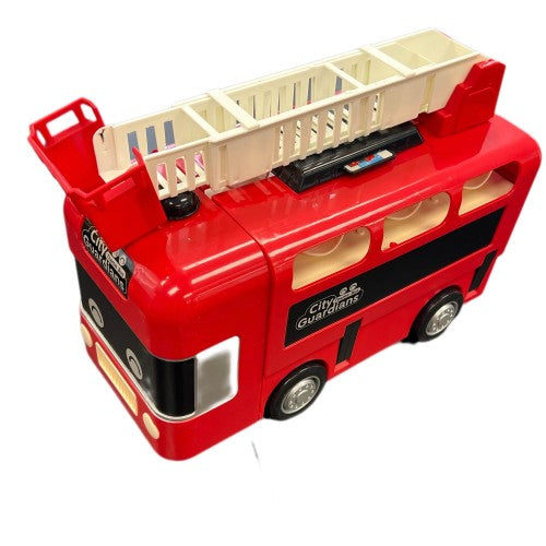 Fire Truck Theme Double-Decker Toy Bus – Interactive Vehicle Toy for Kids Ages 3+, with Removable Ladder & Steering Wheel, Red