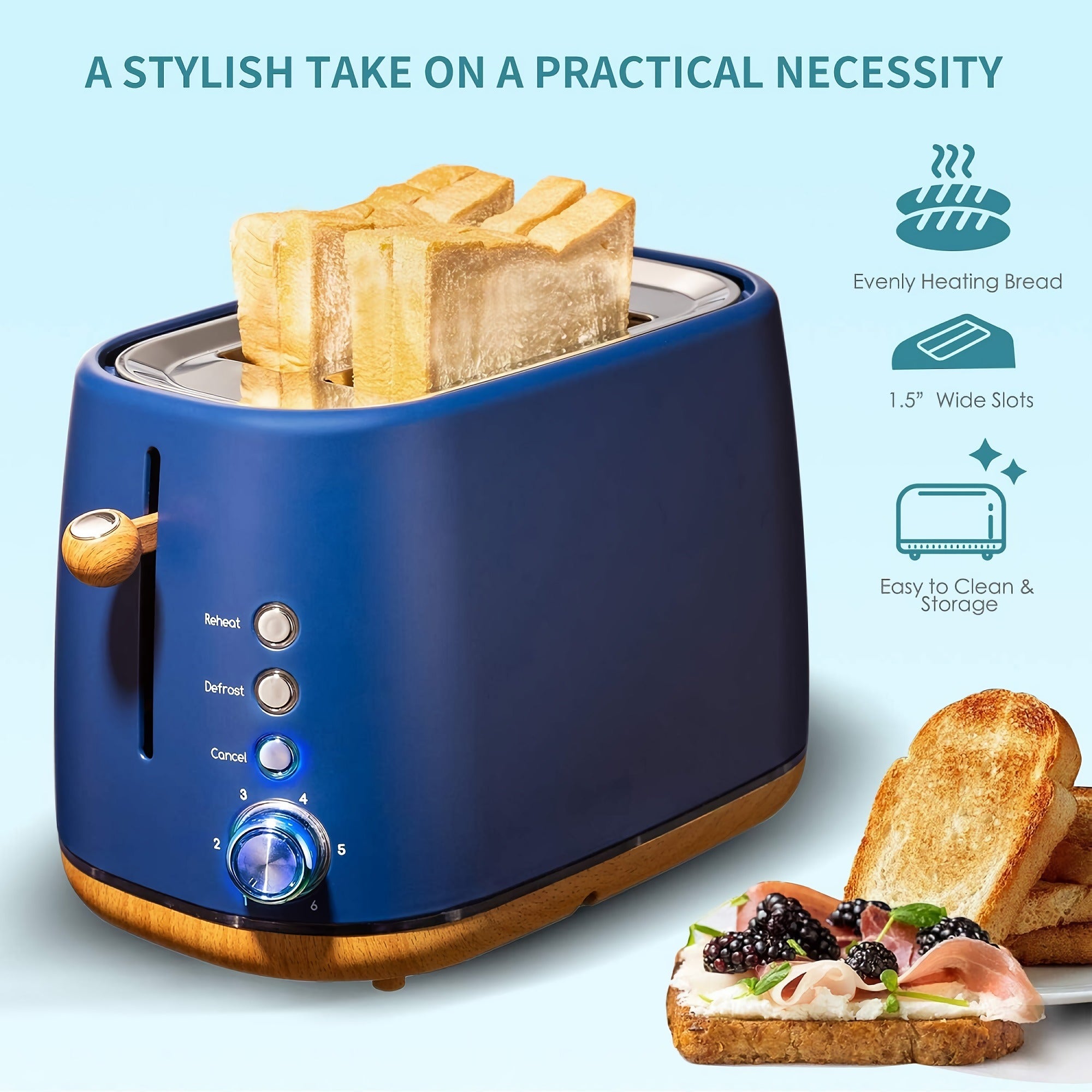 2-Slice Toaster Oven, Stainless Stee Wide Slot Toaster with Removable Crumb Tray, 6 Settings, Reheat, Defrost, Cancel Bread Function (Blue) - YK-688H