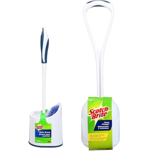 SCOTCH BRITE Toilet Brush and Plunger Set with Ergonomic Handle, Storage Caddy for Bathroom Cleaning