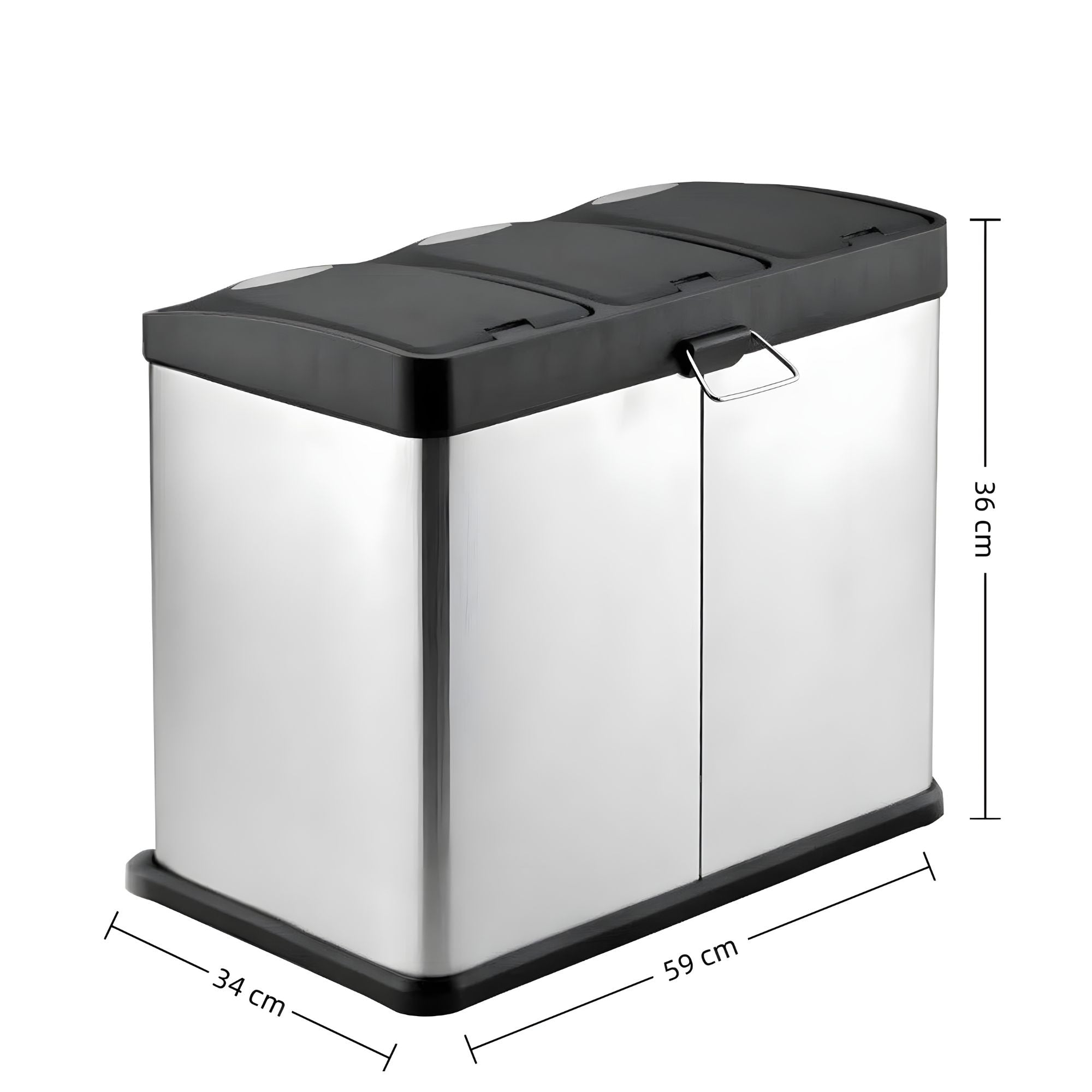 Triple Compartment Stainless Steel Recycling Bin with Foot Pedals – 45L (3 x 15L) Step-On Trash Can for Kitchen, Home, and Office Waste Separation