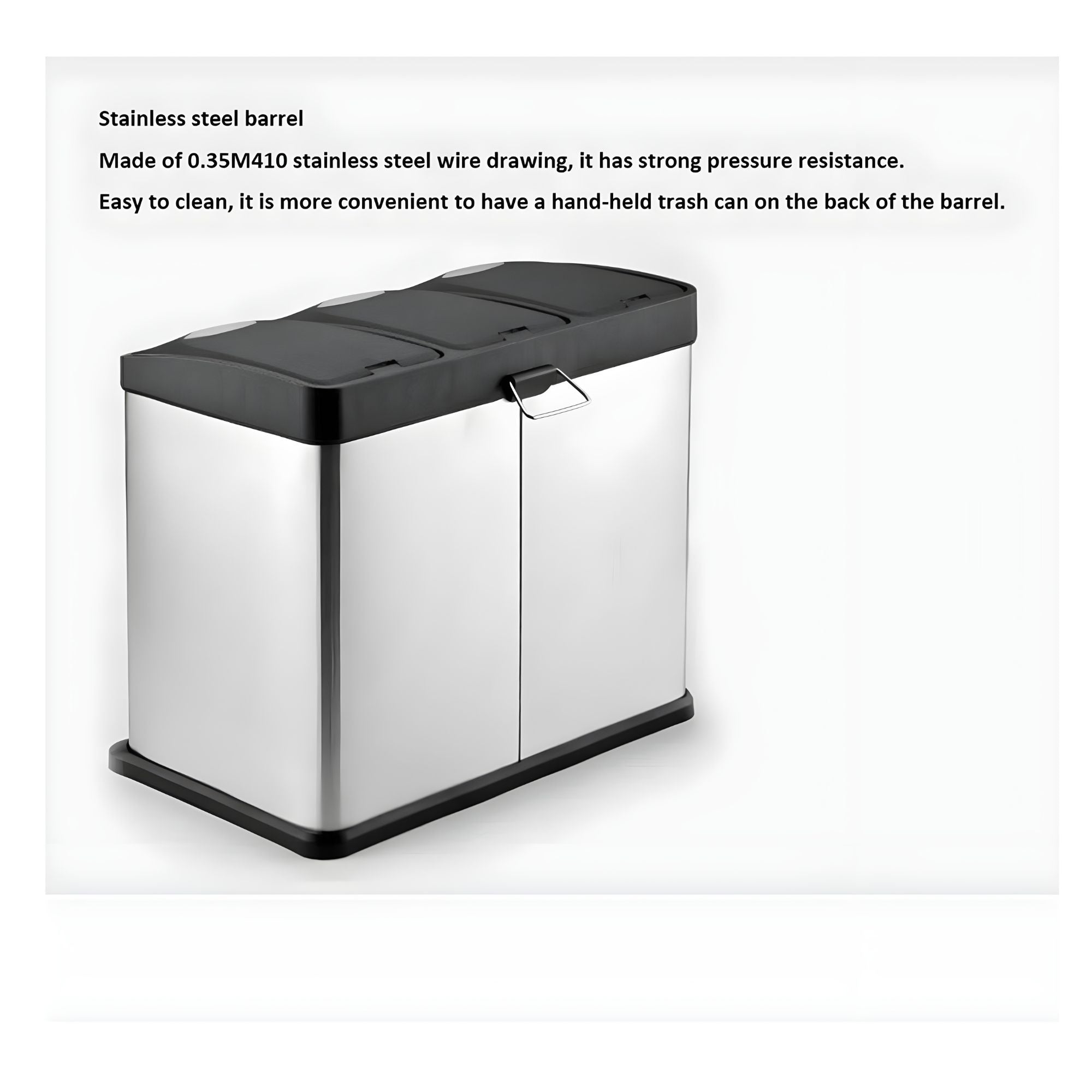 Triple Compartment Stainless Steel Recycling Bin with Foot Pedals – 45L (3 x 15L) Step-On Trash Can for Kitchen, Home, and Office Waste Separation