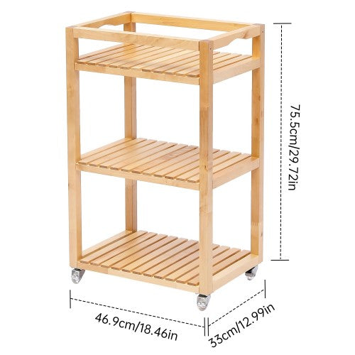 3 Tier Rolling Storage Shelf, Solid Wood Utility Cart with Wheels for Home, Living Room, Bathroom, Kitchen