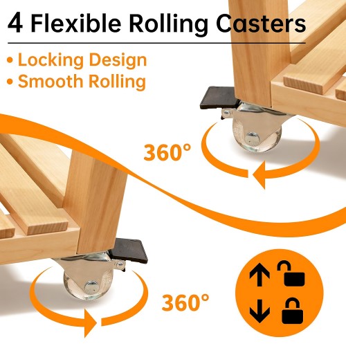 3 Tier Rolling Storage Shelf, Solid Wood Utility Cart with Wheels for Home, Living Room, Bathroom, Kitchen